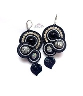 Kolczyki Sutasz Kryształki Listek Soutache Czarny