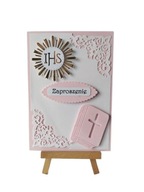 ZAPROSZENIA KOMUNIA DZIEWCZYNKA IHS Z KSIĄŻKĄ C6 RÓŻ - BIEL