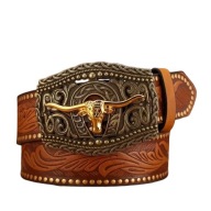 Pasek Western Cowboy Klamra Byk Dziki Zachód Skórzany 122 cm Brązowy