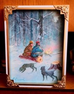 MYŚLIWI PRZY OGNISKU-OBRAZ OLEJNY NA PŁÓTNIE-