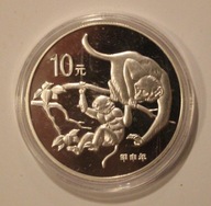 ROK MAŁPY - CHIŃSKI ZNAK ZODIAKU - 10 YUAN CHINY, POSREBRZANY, RZADKOŚĆ