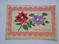 Serdeczne życzenia - kwiaty z TKANINY - stary karnet okolicznościowy