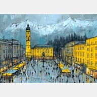 Stare miasto góry Alpy rynek ludzie żółto niebieski abstrakcja obraz 58x85