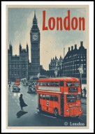 A2 KOLOROWY PLAKAT OBRAZ LONDYN, LONDON, CZERWONY AUTOBUS, VINTAGE RETRO
