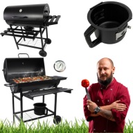 GRILL WĘGLOWY Z RUSZTEM OGRODOWY NA KÓŁKACH Z PÓŁKAMI POPIELNIK TERMOMETR