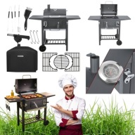 GRILL GRIL NA KÓŁKACH WĘGLOWY OGRODOWY ŻELIWNY RUSZT POPIELNIK TERMOMETR