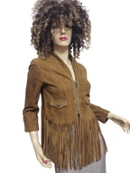 KURTKA ramoneska SKÓRZANA ZAMSZOWA z frędzlami 34/36