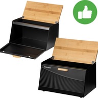 DUŻY CHLEBAK METALOWY CZARNY Z DESKĄ POJEMNIK NA CHLEB PIECZYWO BAMBUSOWY