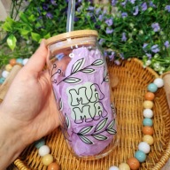Kubek Mama 500ml szklany ze słomką i pokrywką prezent Dzień Matki handmade