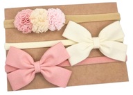 Opaski na głowę z kokardkami i pomponiki brudny róż i kremowa zestaw