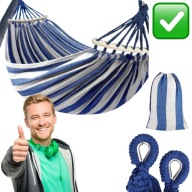 HAMAK OGRODOWY Z DRĄŻKIEM 200kg NIEBIESKI 260 x 150cm WYTRZYMAŁY | KRUMAD