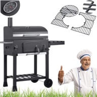 GRILL OGRODOWY WĘGLOWY DUŻY Z POKRYWĄ CZARNY KOMIN RUSZT 57x43 + TERMOMETR