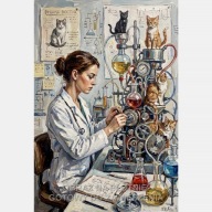 Skomplikowana maszyna doktor obraz na płótnie 55x80 kot ilustracja pop art