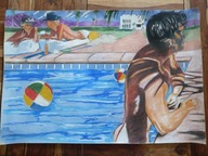 OBRAZ RYSUNEK PASTEL - KOBIETA/MEŻCZYZNA- BASEN Lato - Anglia - XX/XXI wiek