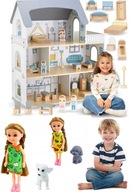 Drewniany domek dla lalek z tarasem i akcesoriami biały Mamabrum