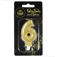 Świeczka 6 cyferka SZEŚĆ szóstka - brokat złoty GOLD, urodziny PARTY.