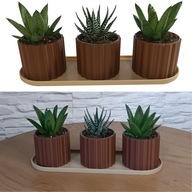 Zestaw 3 Doniczek Osłonek Kwietnik Potrójna Z Podstawką Brązowy Beżowy