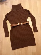 Czekoladowa krótka dzianinowa sukienka sweterkowa tunika z golfem S/M 36/38