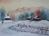 Zimowy pejzaż bieszczady pejzaż Akwarela Sabina Salamon 28x38