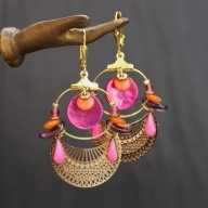 Kolczyki damskie wiszące Premium Handmade złoto fuksja masa perłowa boho