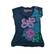 Bluzka t-shirt damska krótki rękaw czarna kolorowe kwiaty Desigual