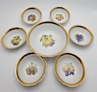 Komplet Salaterek BOHEMIA Owoce Złoty Rant Czechosłowacja Vintage 7 el.