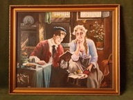 Spotkanie - stary obraz olejny ręcznie malowany na kartonie