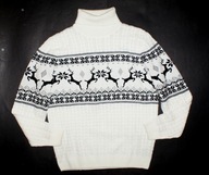 C&A_Piękny SWETER_biały czarny norweski wzór warkocze golf gruby mięsisty_L