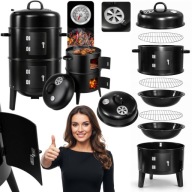 GRILL WĘGLOWY OGRODOWY TRÓJNÓG Z POKRYWĄ Z WĘDZARNIĄ BECZKA PALENISKO 3W1