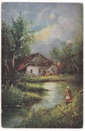 Chaty nad rzeką dziewczyna zrywająca kwiaty ok.1930r. 141g
