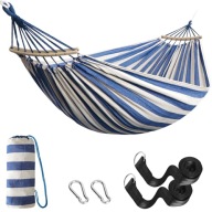 HAMAK ANYOO BAWEŁNIANY NIEBIESKO BIAŁY OGRODOWY PRZENOŚNY