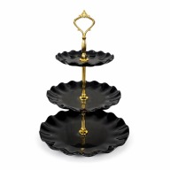 Biała patera 3-poziomowa ze złotym uchwytem na ciasta i desery plastikowa