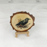Mini obrazek z plastra brzozy - podstawka pod kubek - kruk