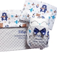 ZESTAW Kocyk 50x75cm+podusia+SOWA HAFT imię METRYCZKA narodziny PREZENT