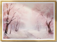 A2 PLAKAT OBRAZ, PLAKAT PEJZAŻ ZIMOWY ZIMA ŚNIEG RÓŻOWA POŚWIATA DRZEWA LAS