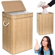 KOSZ NA PRANIE WĄSKI BAMBUSOWY DUŻY BEŻOWY WOLNOSTOJĄCY JEDNOKOMOROWY 80L