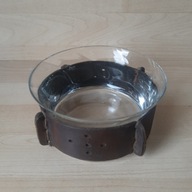 Vintage miseczka w skórzanej oprawie na orzeszki, cukierki lata 80