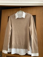 SWETER C&A (M-L) BEŻ Z DOPINANYM BIAŁYM KOŁNIERZYKIEM