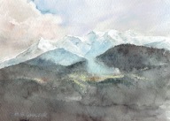 Pejzaż górski - akwarela z passe - partout