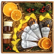 ZESTAW HERBAT KOSZ PREZENTOWY HERBATY W ROŻKU KONFITURY UPOMINEK ZESTAW