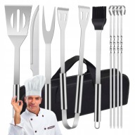 AKCESORIA DO GRILLA ZESTAW ZE STALI NIERDZEWNEJ 10w1 SZCZYPCE PRZYBORY ETUI