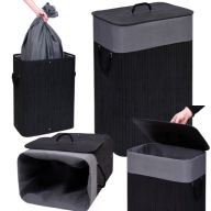 KOSZ NA PRANIE CZARNY DUŻY BAMBUSOWY SKŁADANY WOLNOSTOJĄCY WYJMOWANY 80L