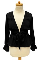 Czarna satynowa bluzka top Bik Bok z wiązaniem, falbanką i dekoltem V, S