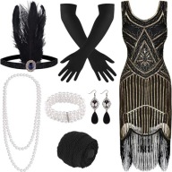 WIELKI GATSBY Retro LATA 20-te FLAPPER Strój Kostium + dodatki aż 8 elem. M