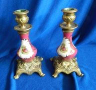 PIĘKNE DWA 2 ŚWIECZNIKI PARA KOLUMNA MOSIĄDZ PORCELANA