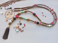 ETNO Naszyjnik niebieski turkus jadeit czerwony koral chwost drewno kokos