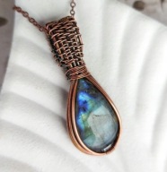 Miedziany naszyjnik z labradorytem, biżuteria wire wrapping, niebieski