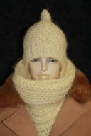 KOMPLET CZAPKA tatarska golf L RĘKODZIEŁO MOHER ecru smietana