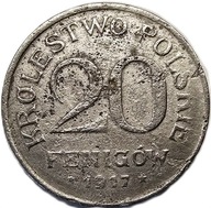20 Fenigów z okresu Królestwa Polskiego wybite w 1917 Moneta jest z żelaza.