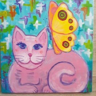 OBRAZ MALOWANY RĘCZNIE 29x29cm Kot i motyl